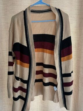 Beige Striped Open-Front Women's Cardigan Sweater